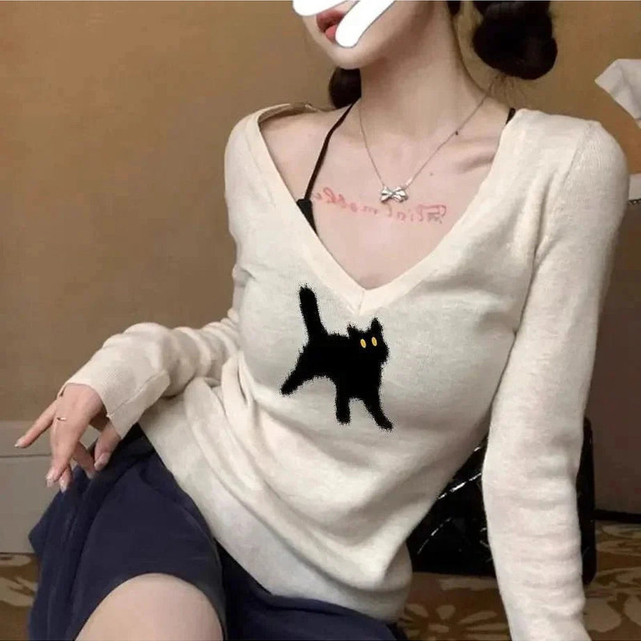 Y2k Black Cat V-Neck Sweater