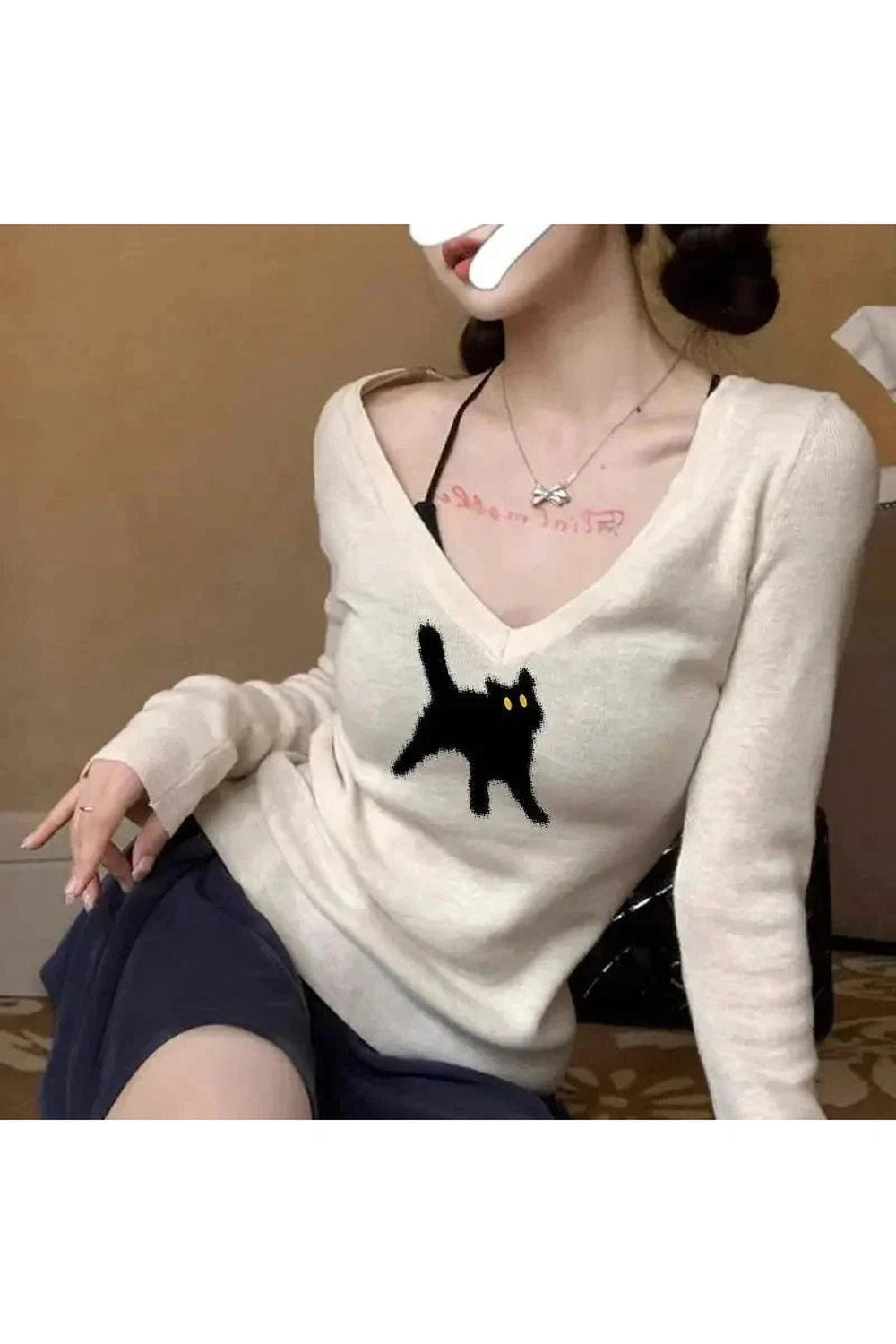 Y2k Black Cat V-Neck Sweater