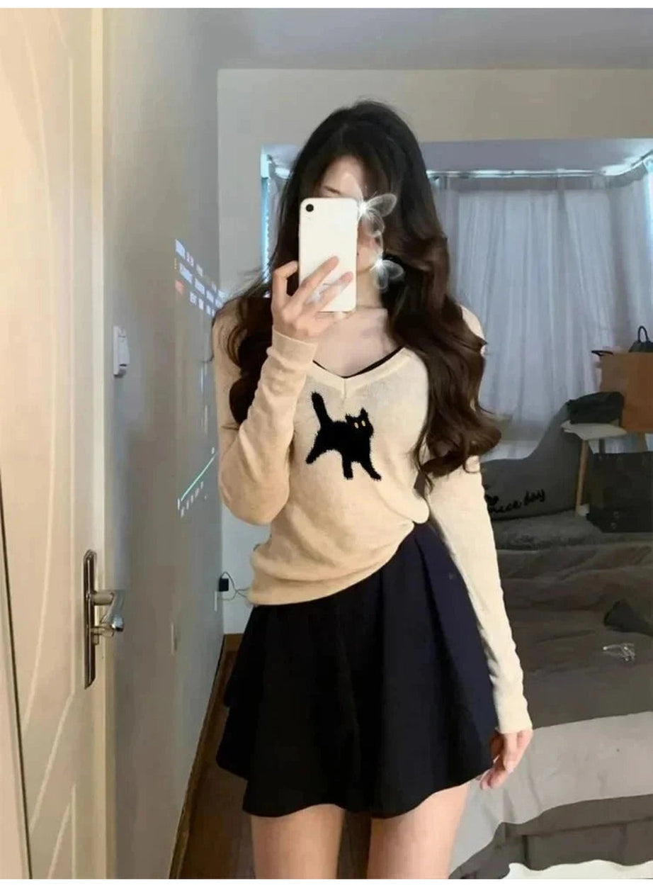 Y2k Black Cat V-Neck Sweater