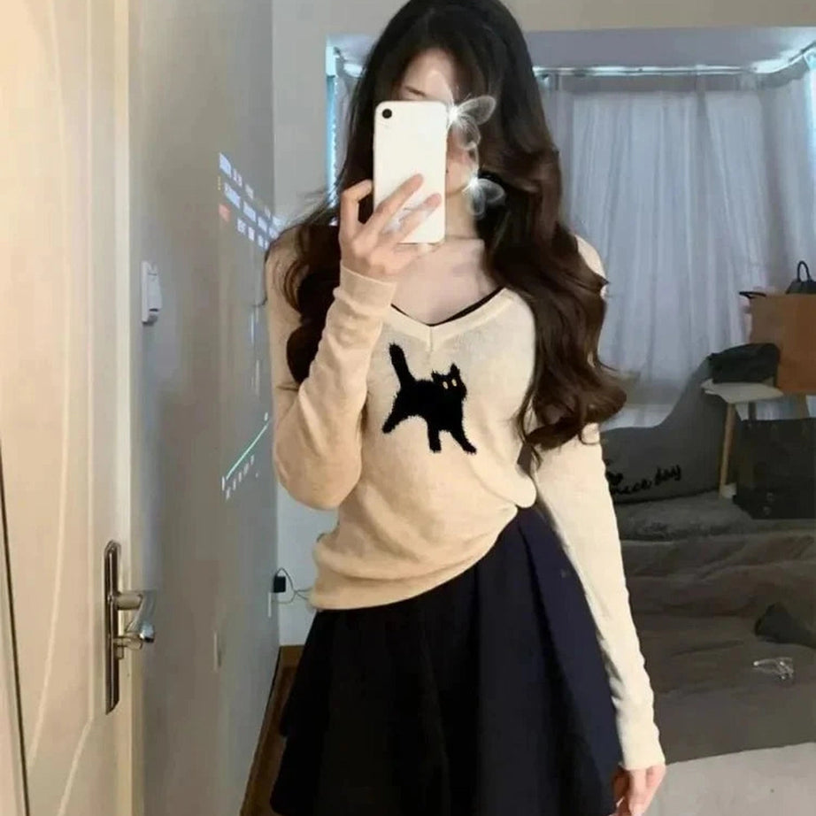 Y2k Black Cat V-Neck Sweater