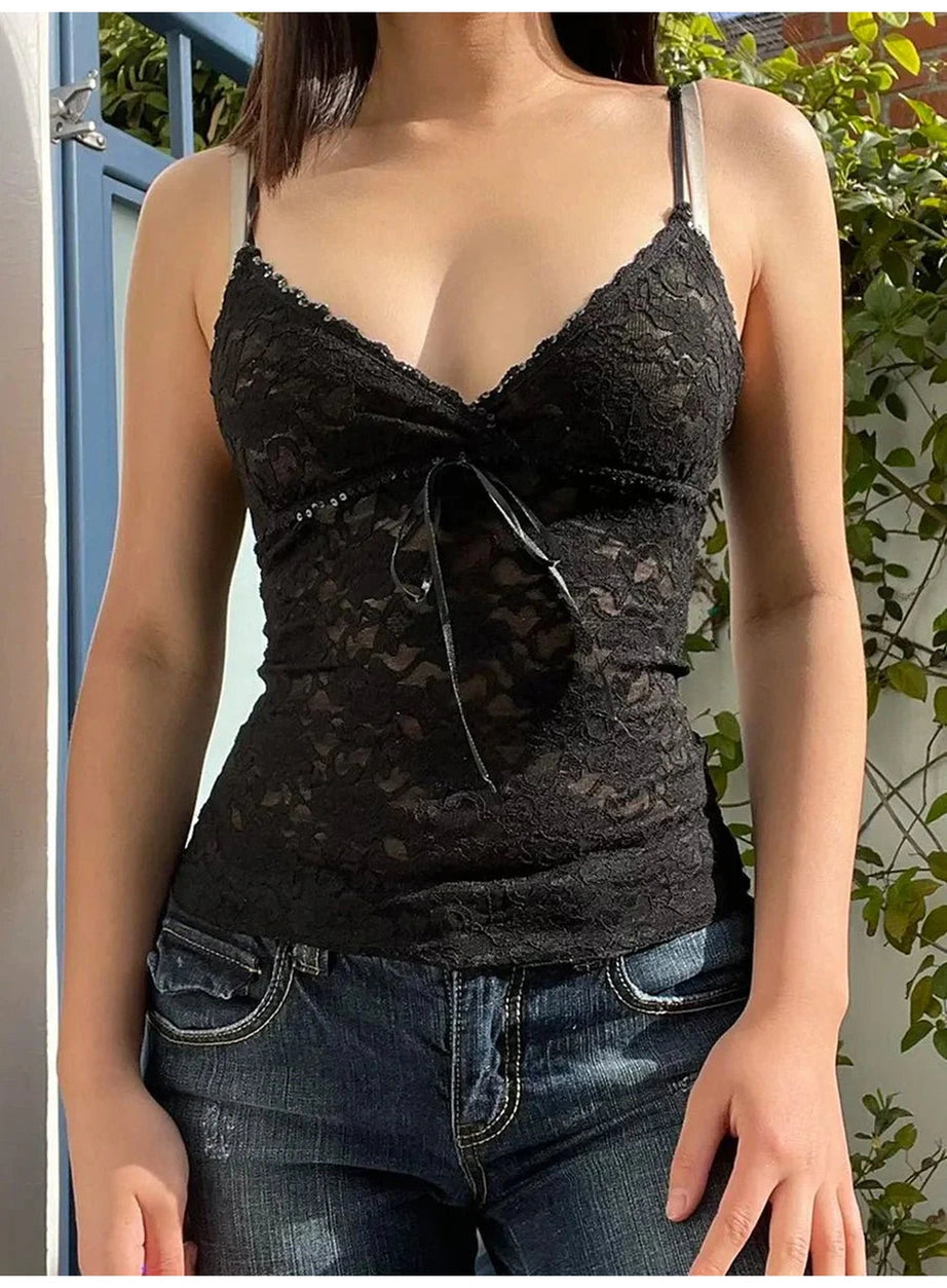 Y2k Black Lace Cami Crop Top