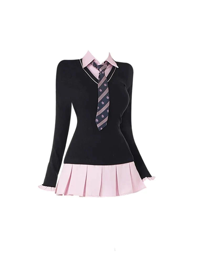 Black Pink Preppy Dress - Dresses