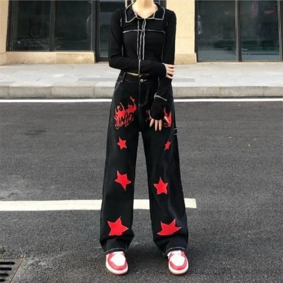 Y2k Black Red Star Jeans