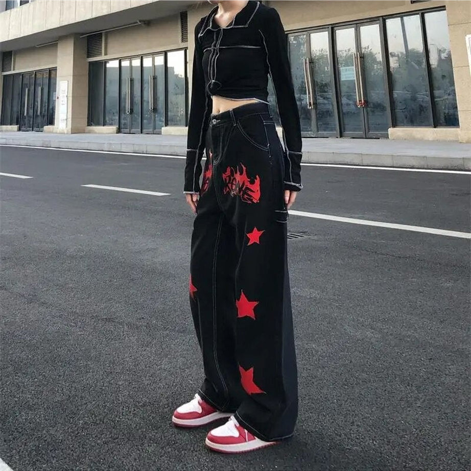 Y2k Black Red Star Jeans