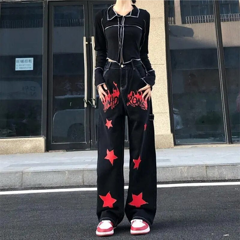 Y2k Black Red Star Jeans