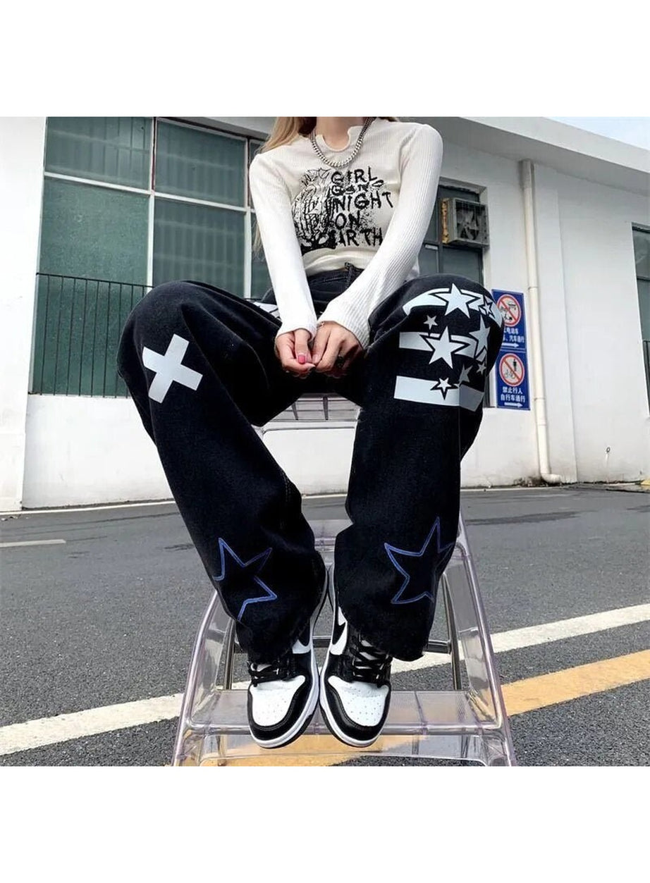 Y2k Black Star Print High Waist Jeans