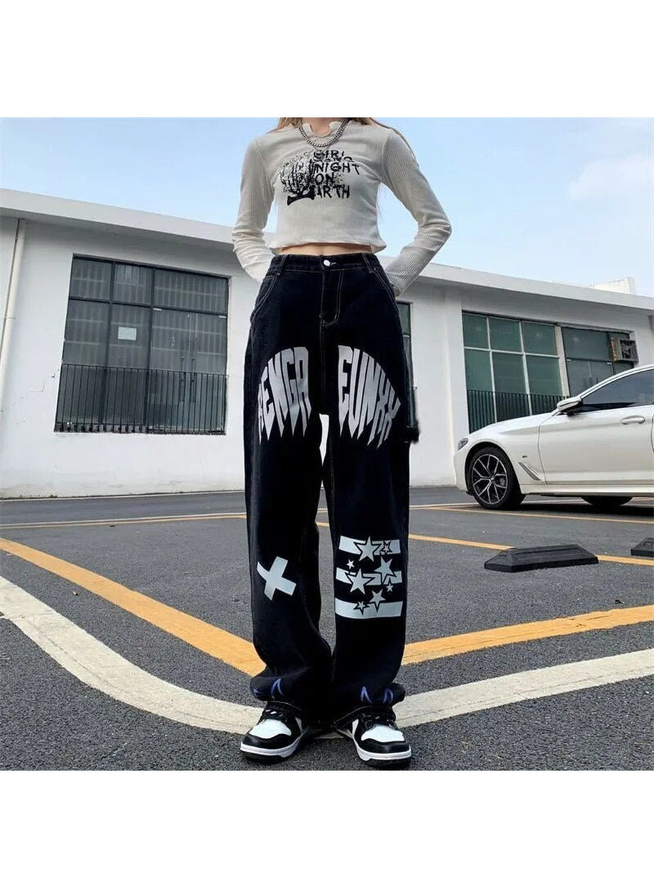 Y2k Black Star Print High Waist Jeans