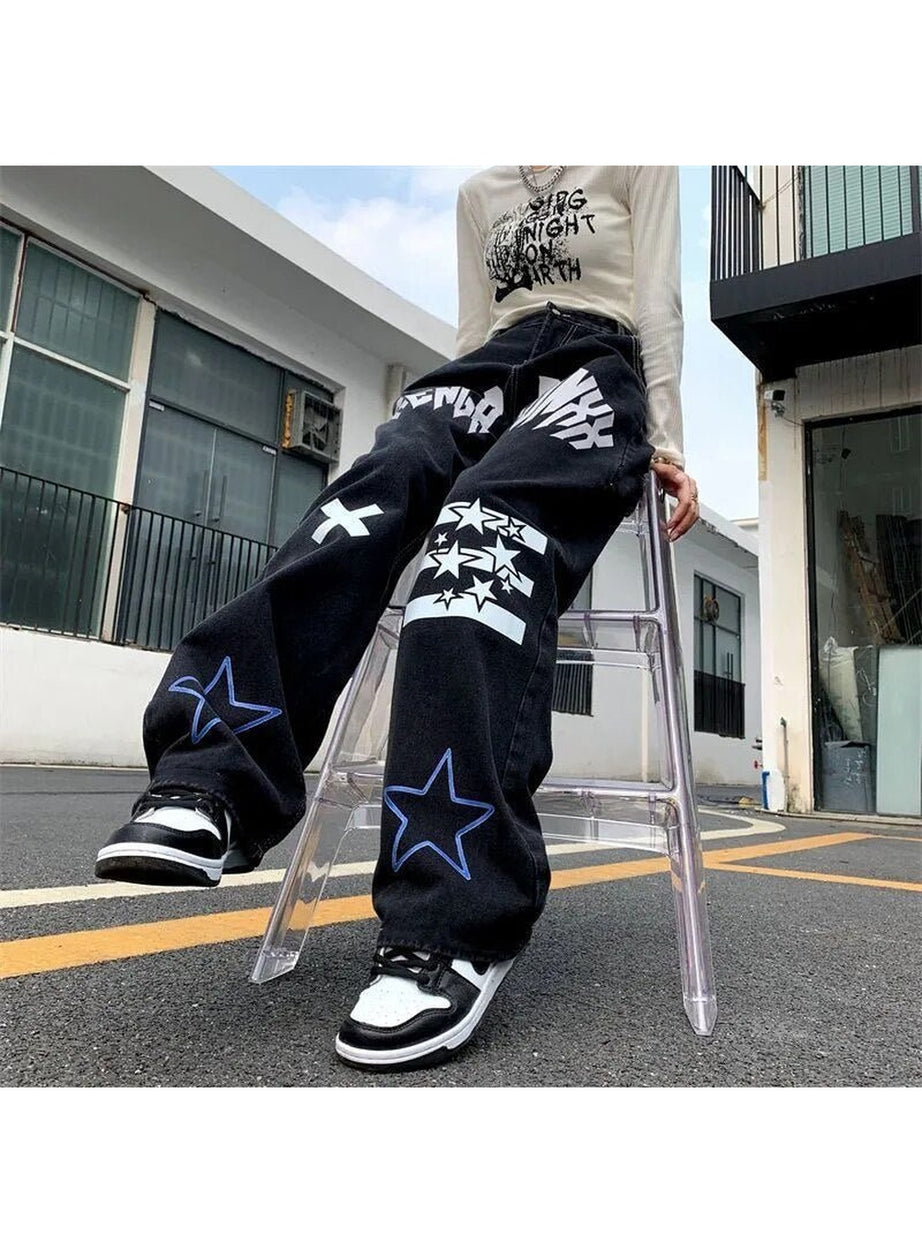 Y2k Black Star Print High Waist Jeans