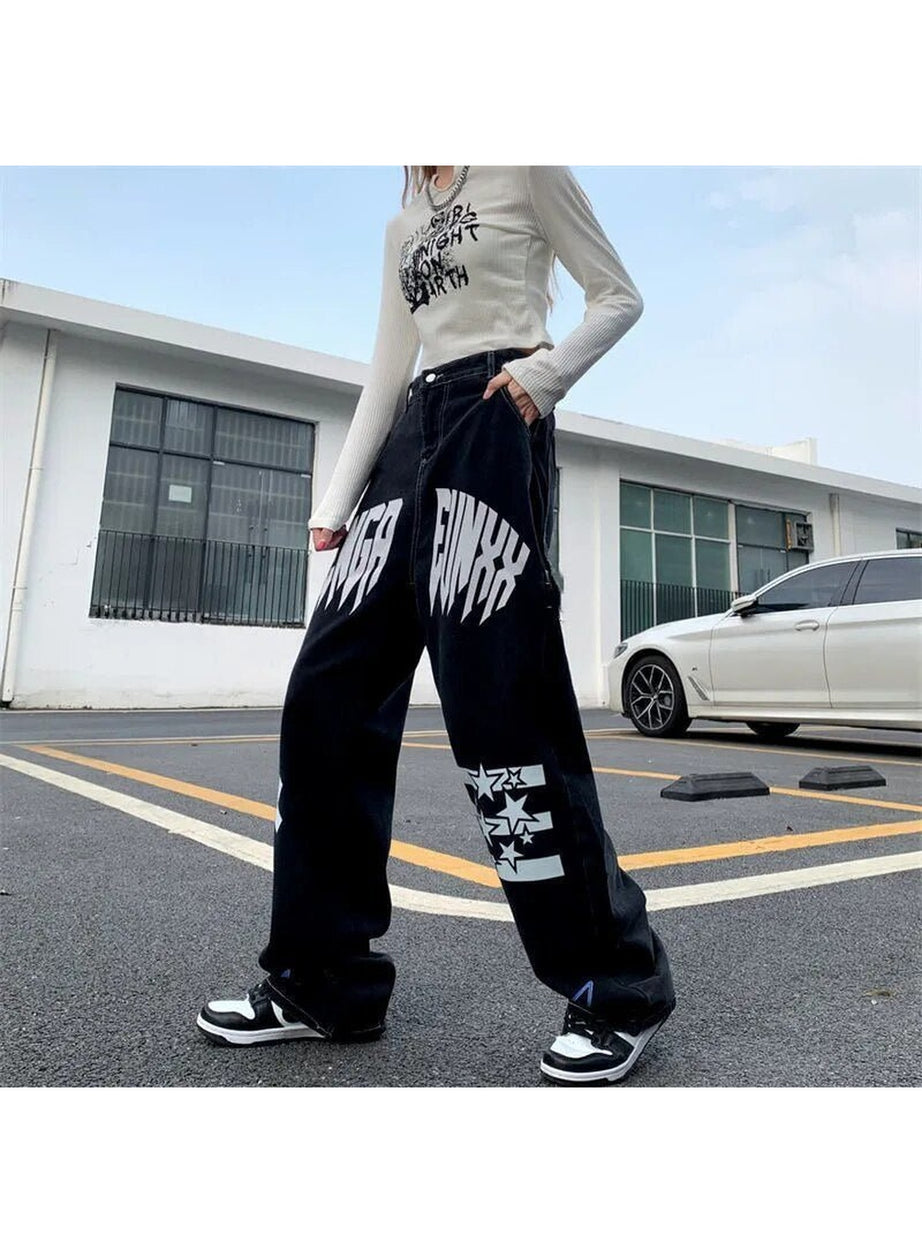 Y2k Black Star Print High Waist Jeans