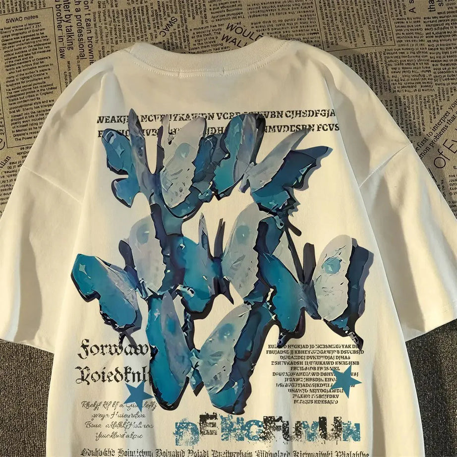 Y2k Blue Butterfly Graphic T-Shirt