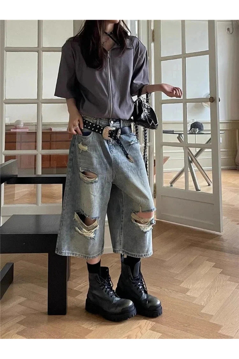 Y2k Blue Ripped Boyfriend Shorts