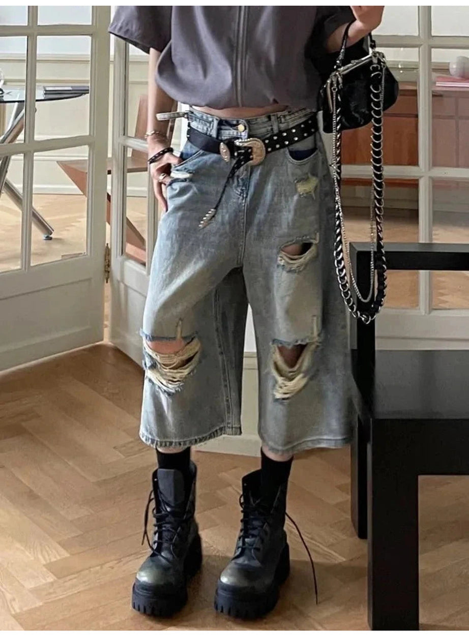 Y2k Blue Ripped Boyfriend Shorts