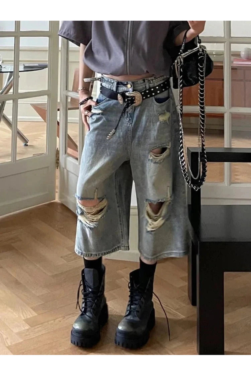 Y2k Blue Ripped Boyfriend Shorts