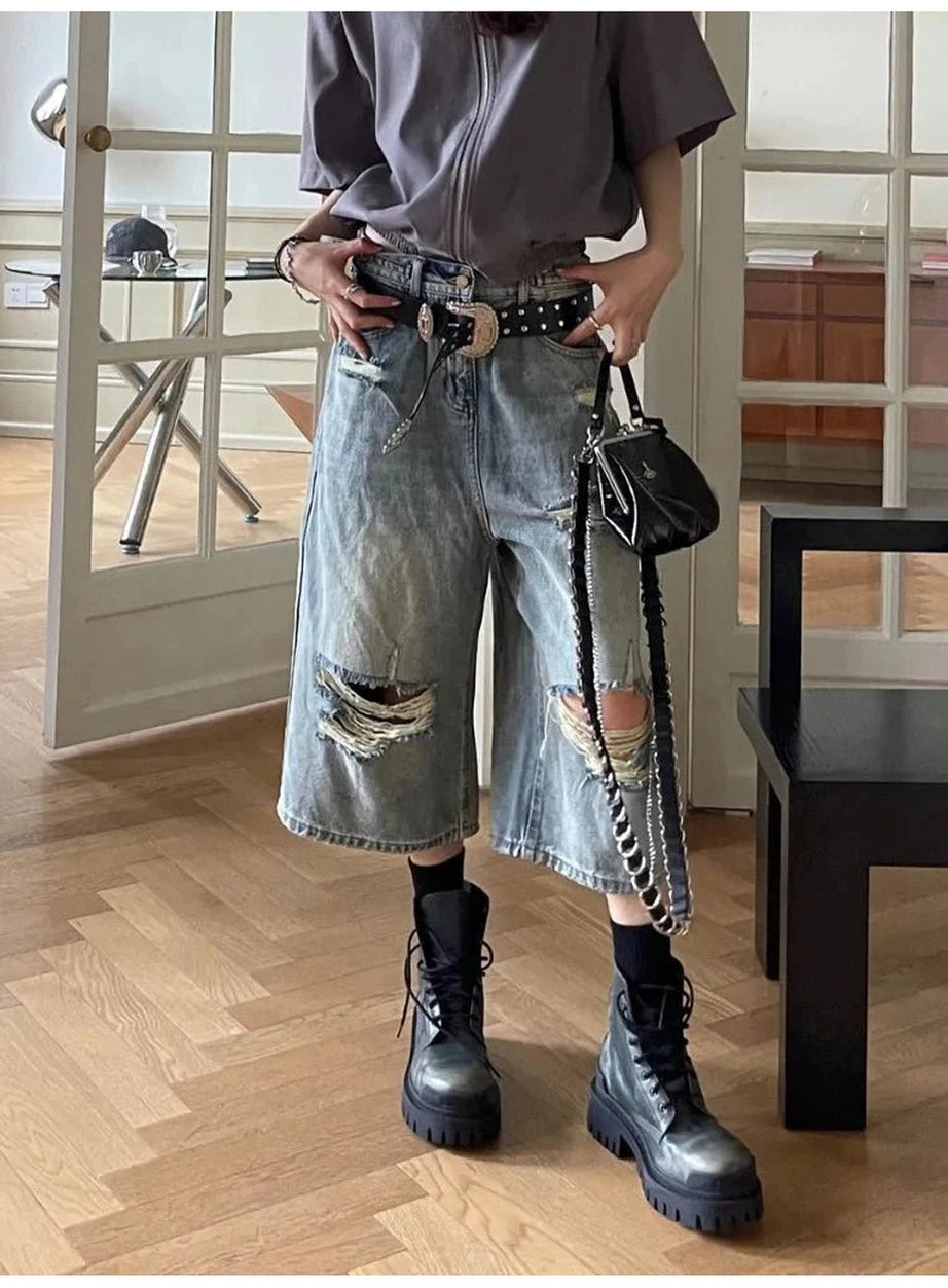 Y2k Blue Ripped Boyfriend Shorts