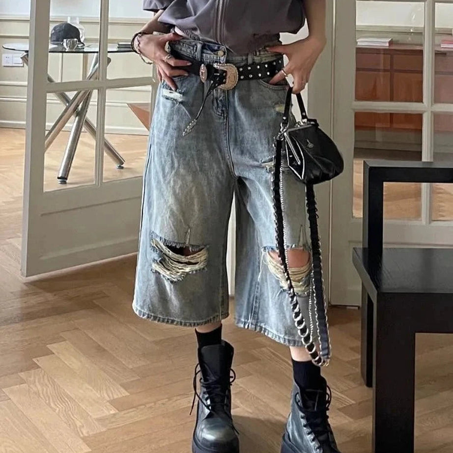 Y2k Blue Ripped Boyfriend Shorts