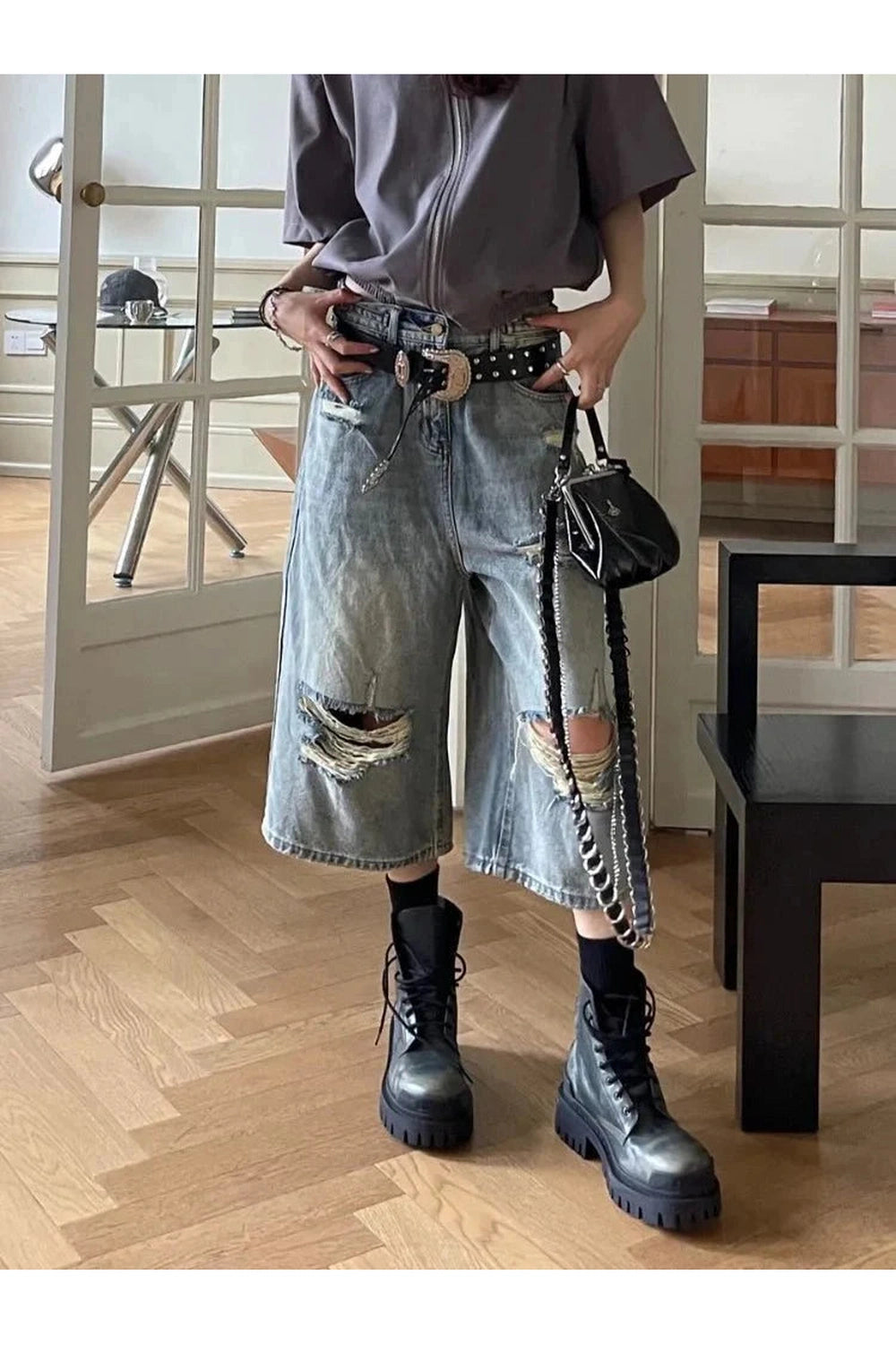 Y2k Blue Ripped Boyfriend Shorts