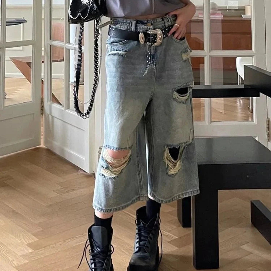 Y2k Blue Ripped Boyfriend Shorts