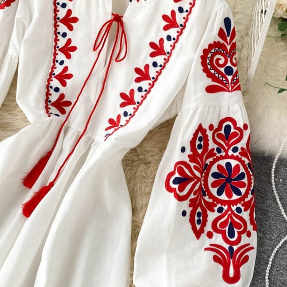 Y2k Bohemian O-Neck Lantern Sleeve Dress