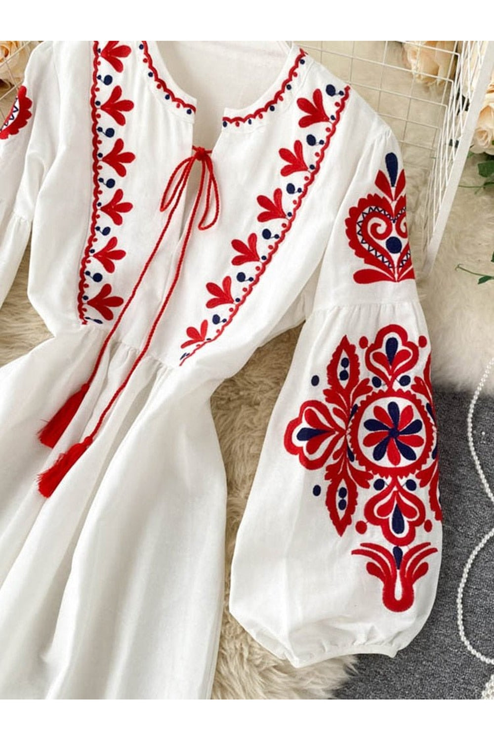 Y2k Bohemian O-Neck Lantern Sleeve Dress