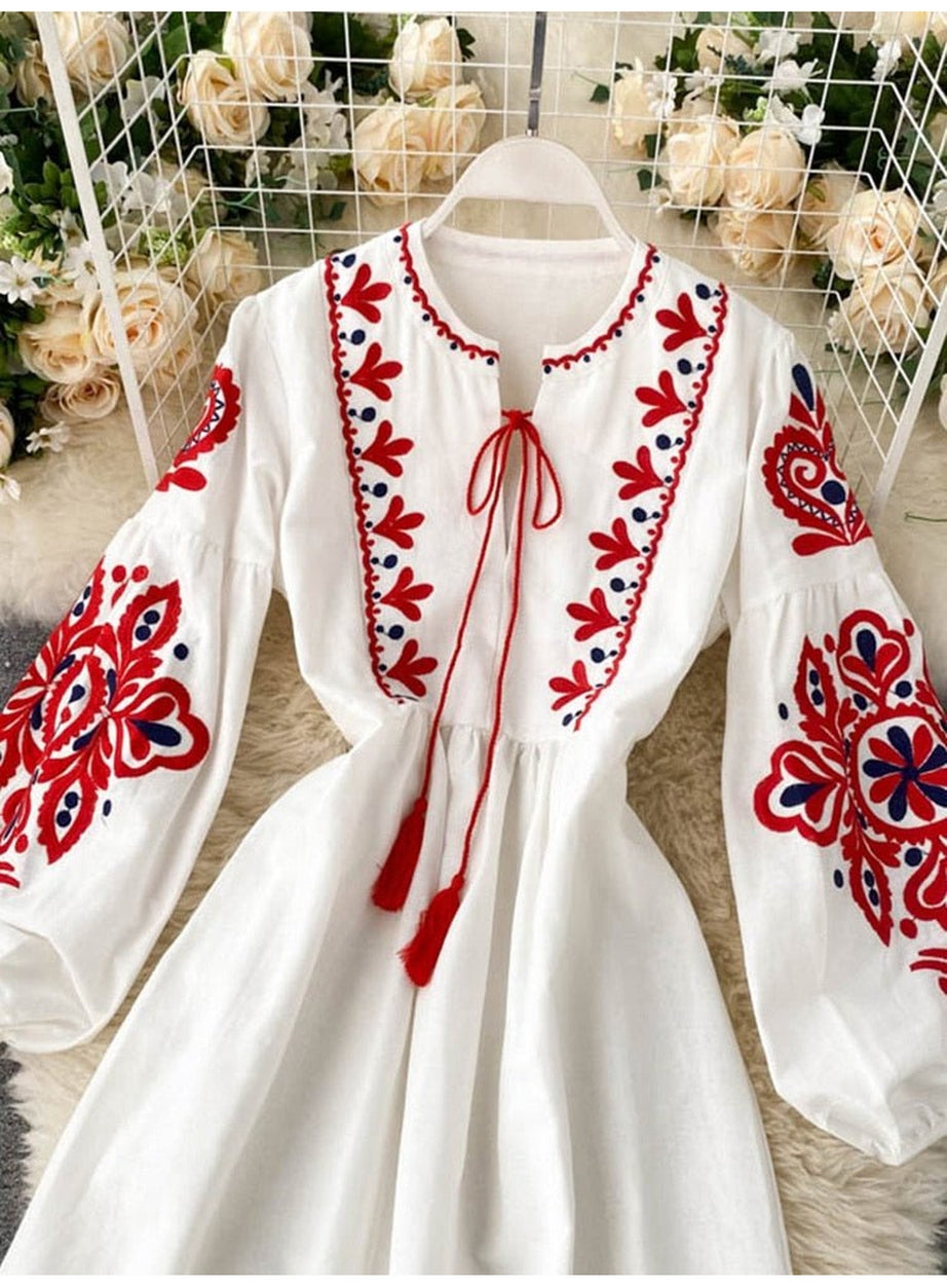 Y2k Bohemian O-Neck Lantern Sleeve Dress