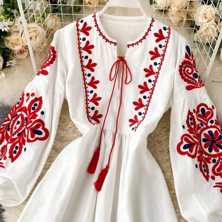 Y2k Bohemian O-Neck Lantern Sleeve Dress