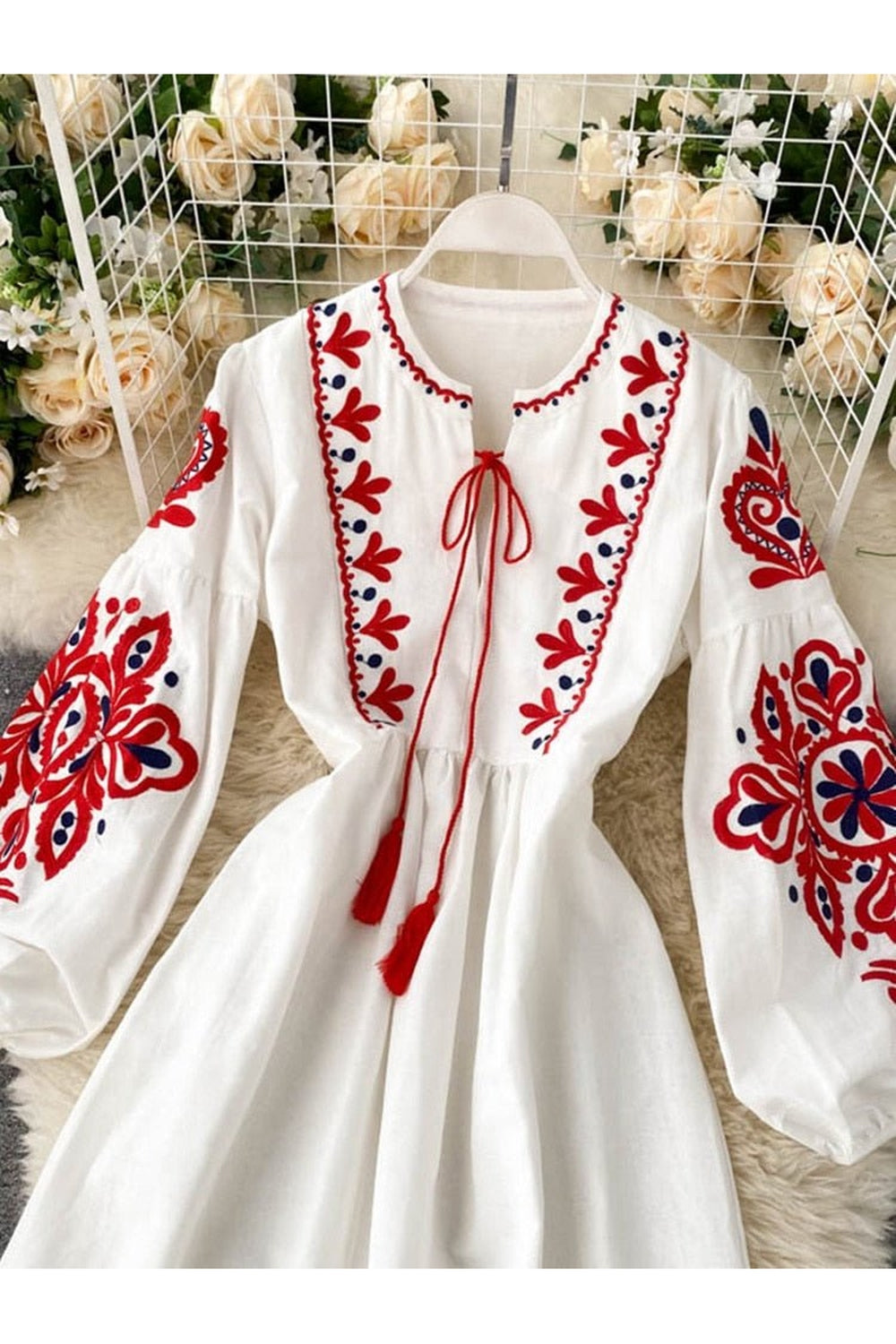 Y2k Bohemian O-Neck Lantern Sleeve Dress