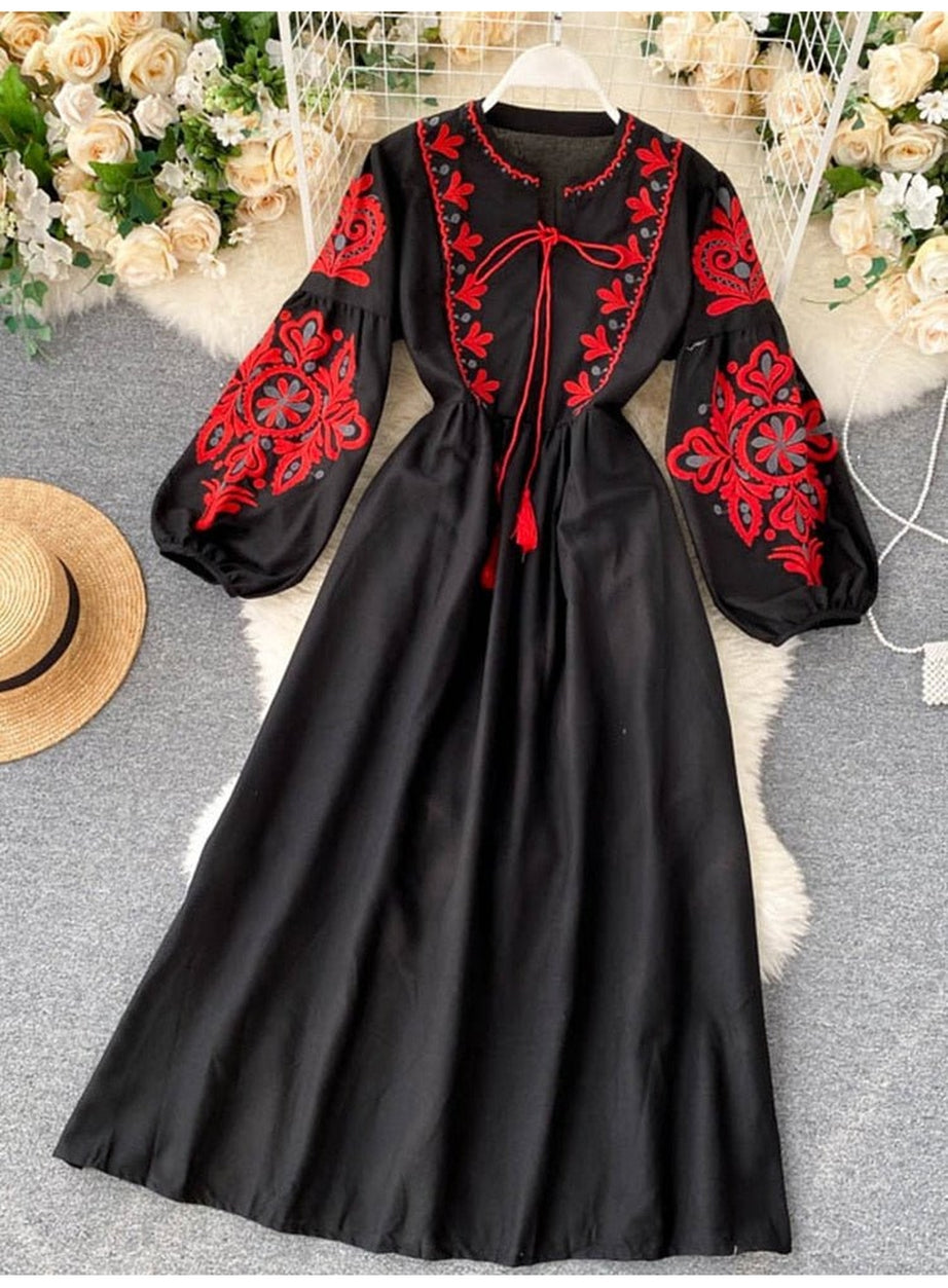 Y2k Bohemian O-Neck Lantern Sleeve Dress