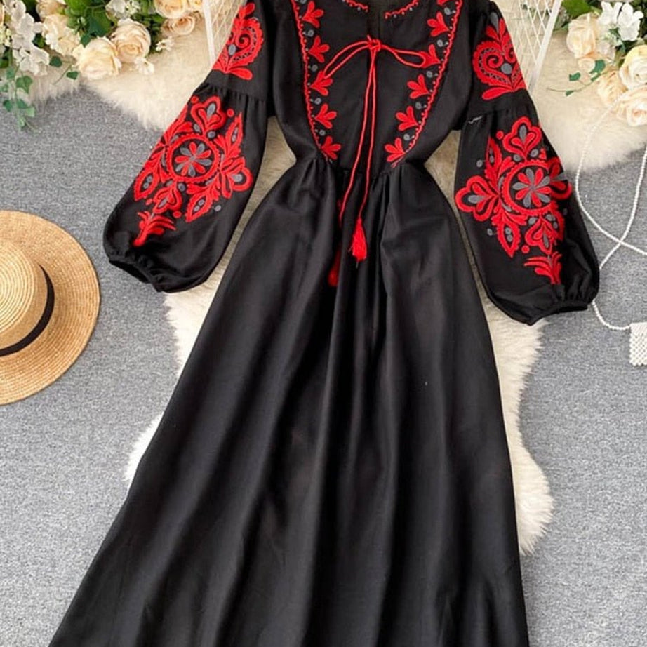 Y2k Bohemian O-Neck Lantern Sleeve Dress