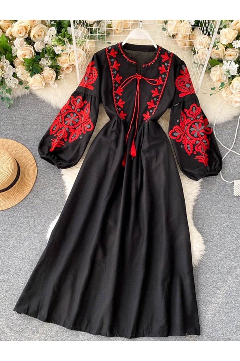 Y2k Bohemian O-Neck Lantern Sleeve Dress