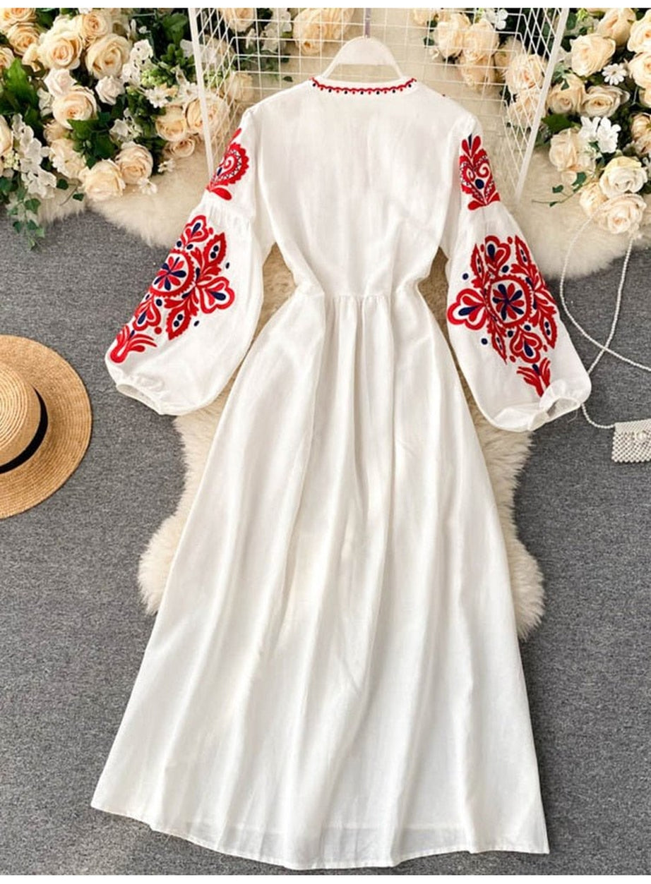 Y2k Bohemian O-Neck Lantern Sleeve Dress