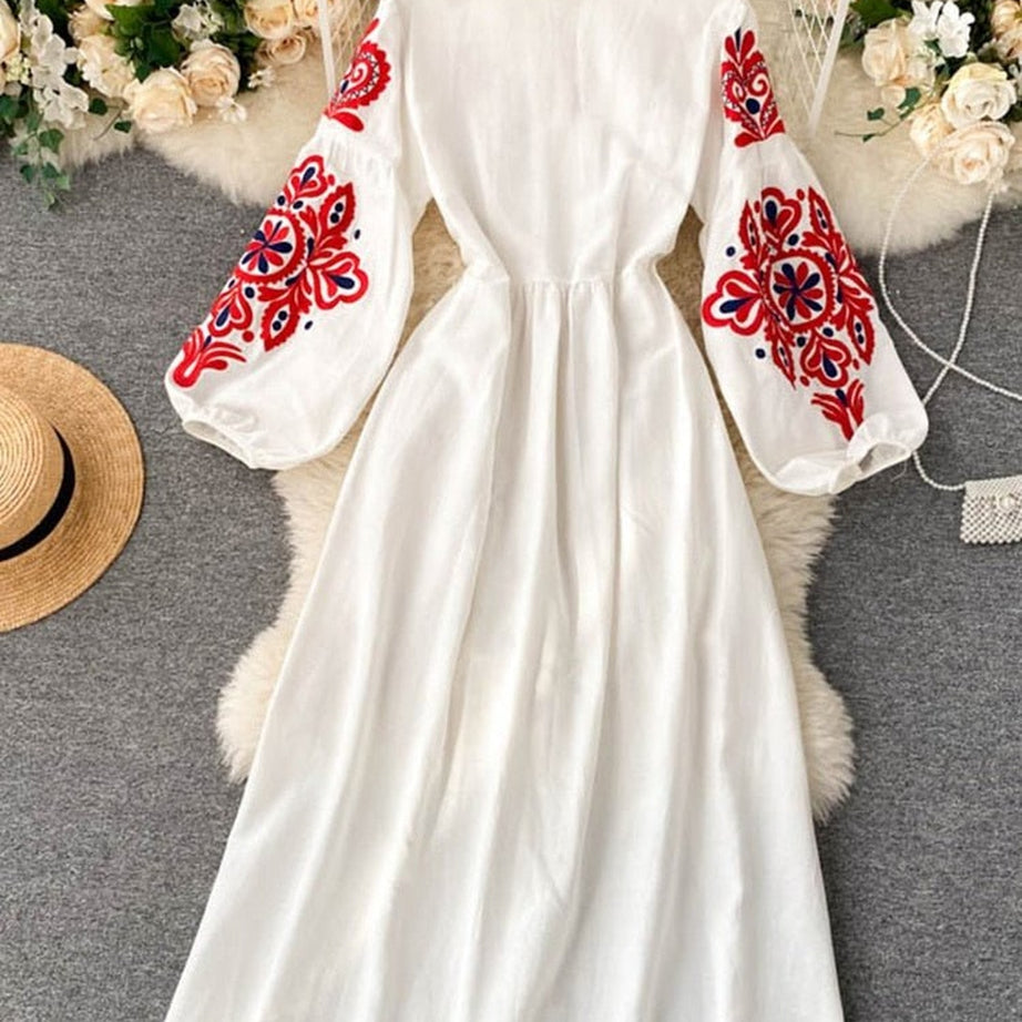 Y2k Bohemian O-Neck Lantern Sleeve Dress