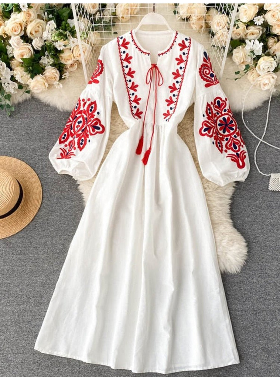 Y2k Bohemian O-Neck Lantern Sleeve Dress