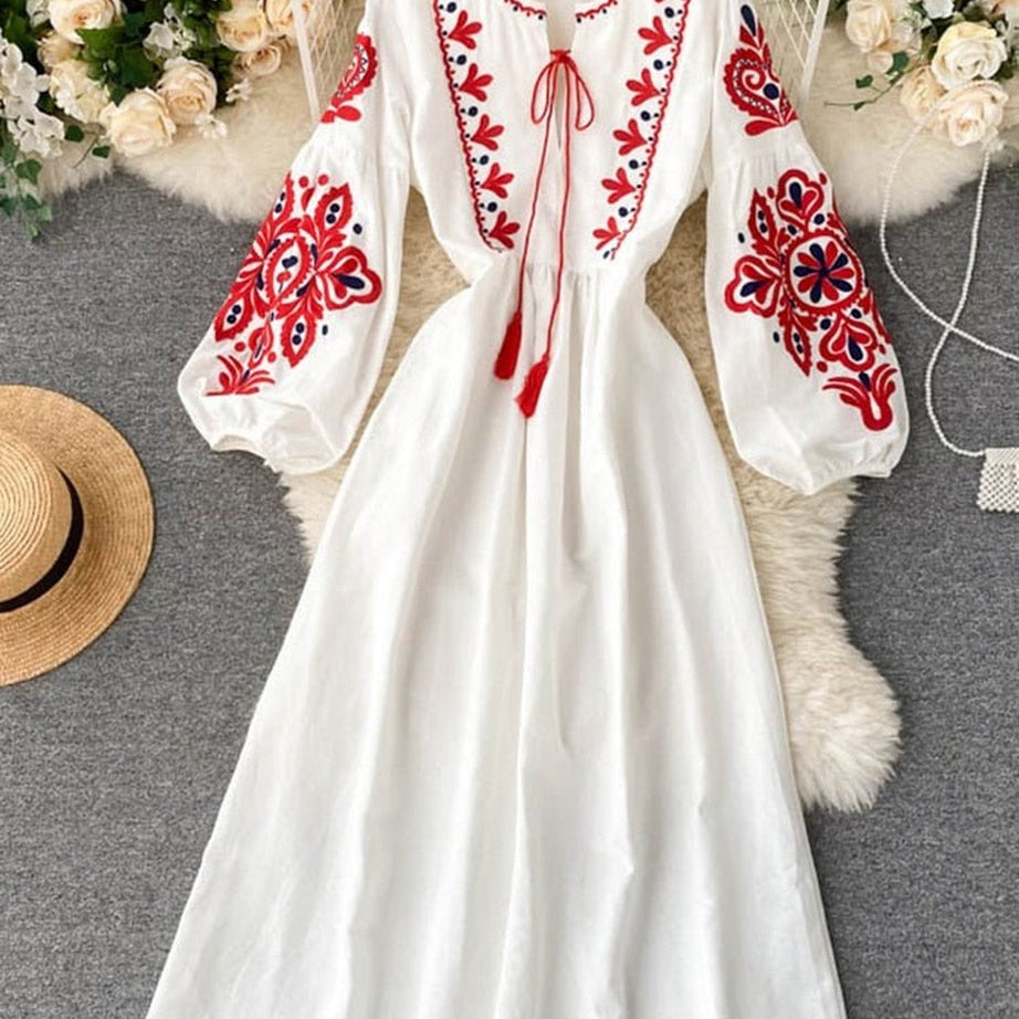 Y2k Bohemian O-Neck Lantern Sleeve Dress