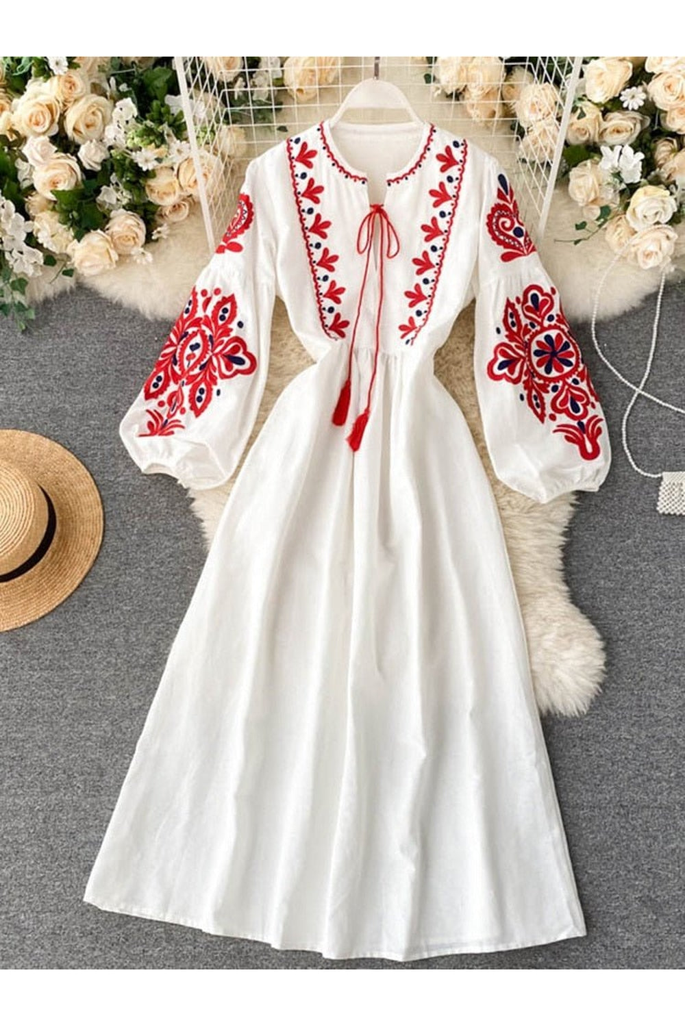 Y2k Bohemian O-Neck Lantern Sleeve Dress