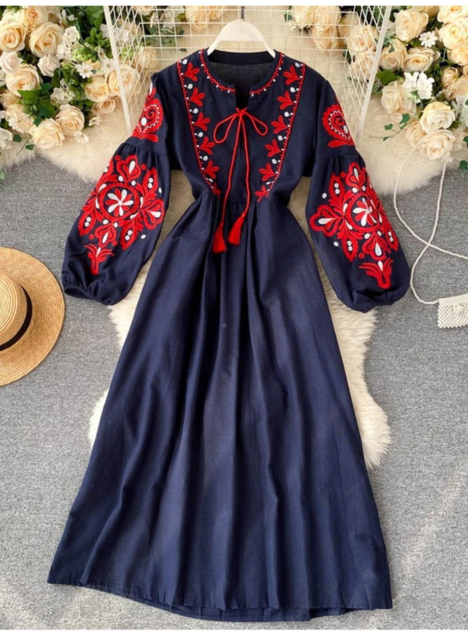 Y2k Bohemian O-Neck Lantern Sleeve Dress