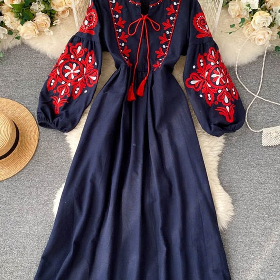 Y2k Bohemian O-Neck Lantern Sleeve Dress