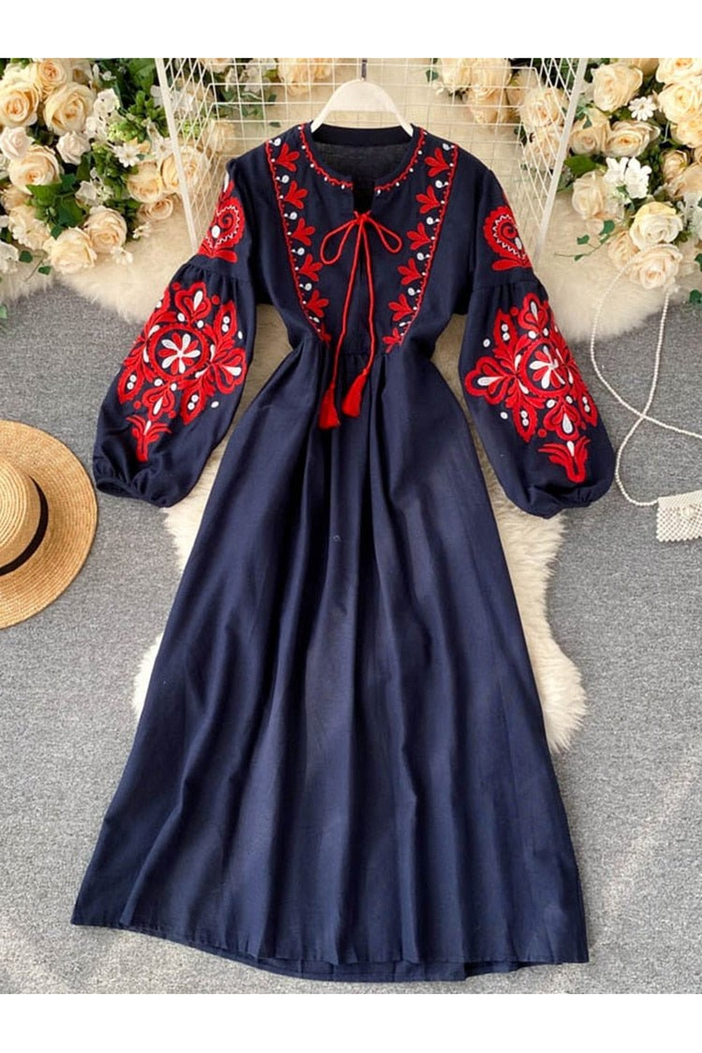 Y2k Bohemian O-Neck Lantern Sleeve Dress