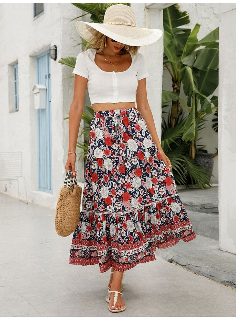 Y2k Boho Retro Floral Print Skirt