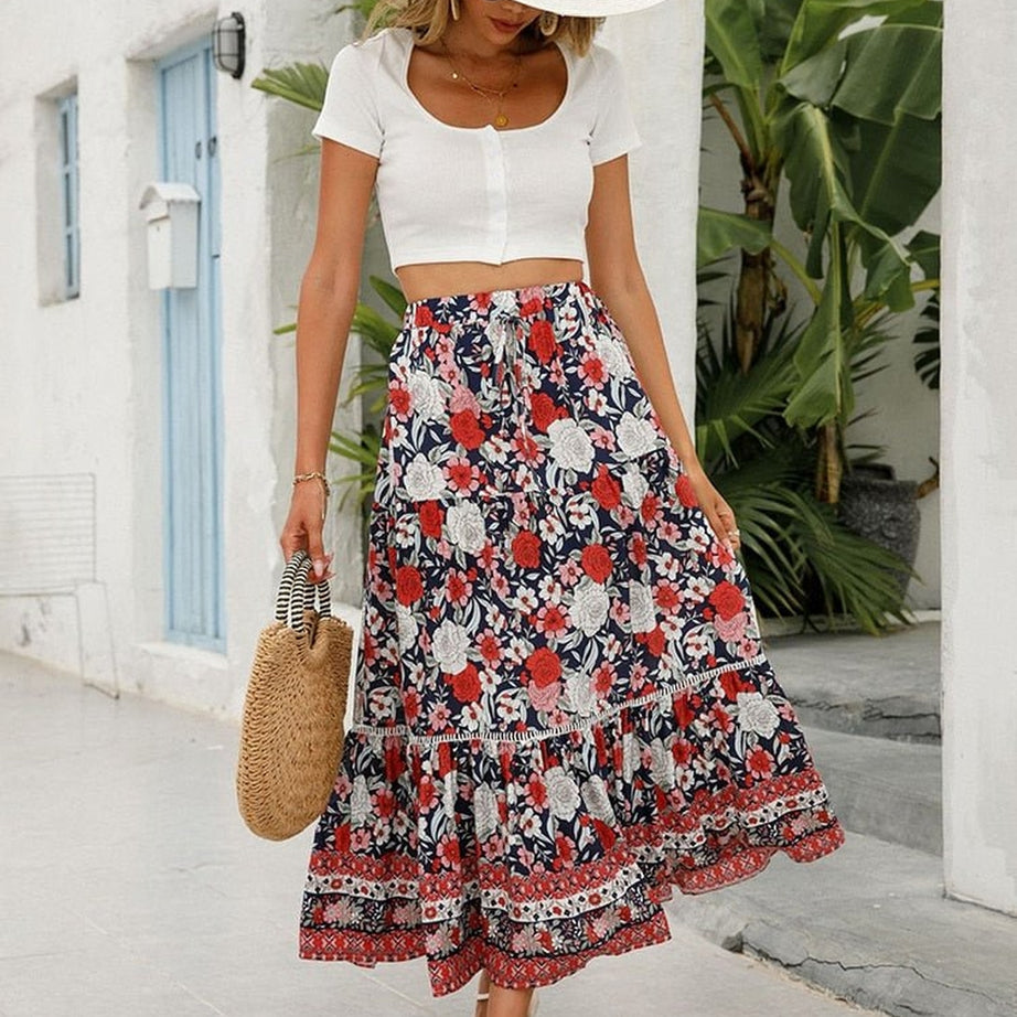 Y2k Boho Retro Floral Print Skirt