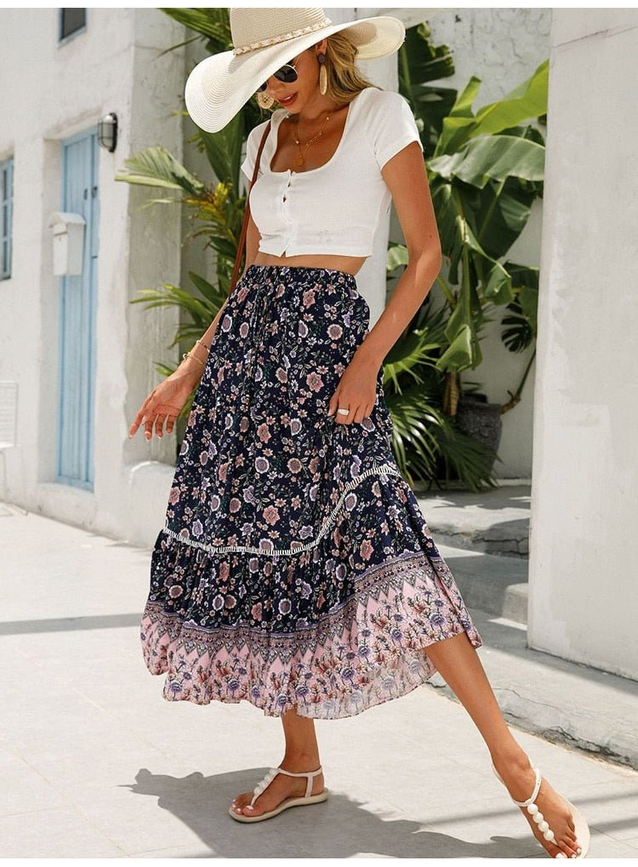 Y2k Boho Retro Floral Print Skirt
