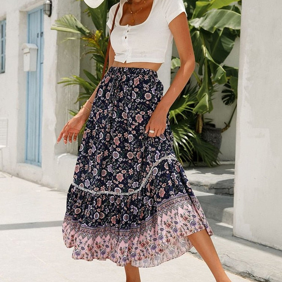 Y2k Boho Retro Floral Print Skirt