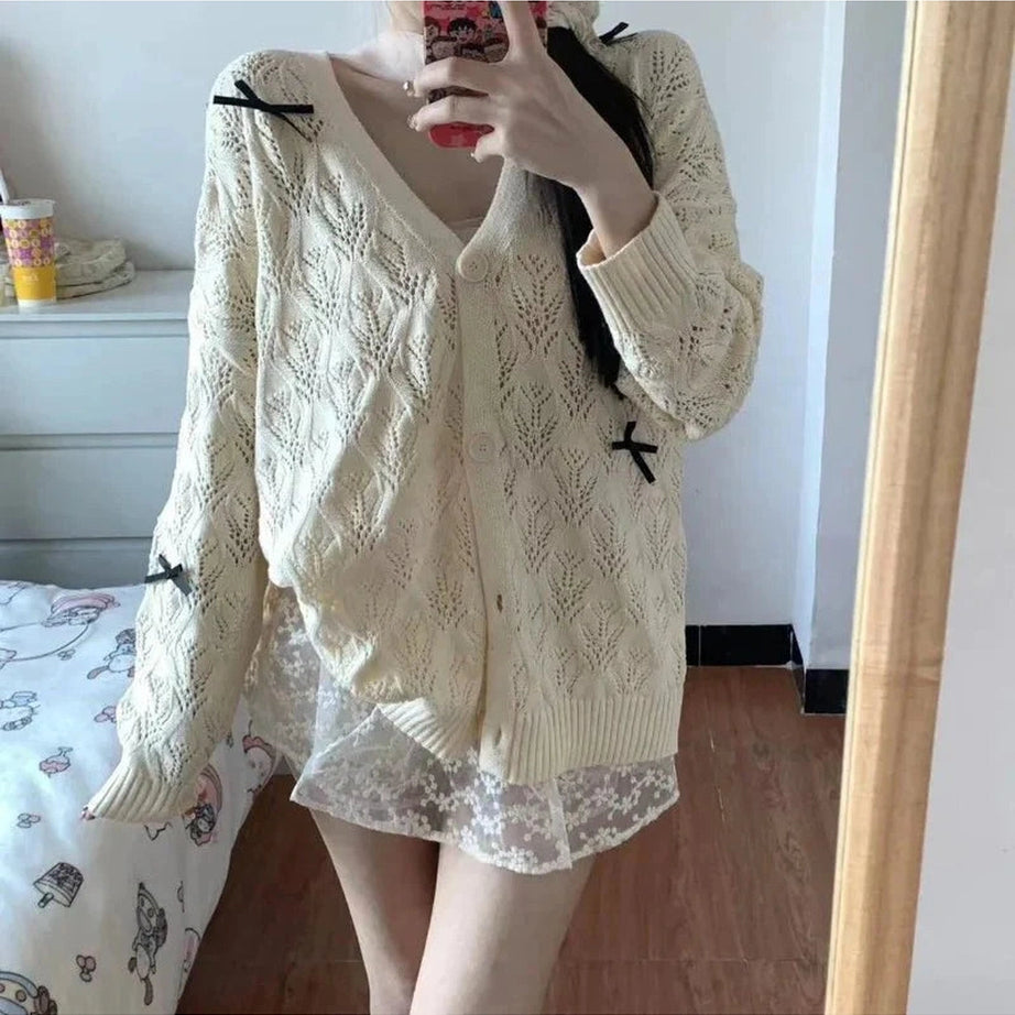 Y2k Bow-Embellished Lace Cardigan