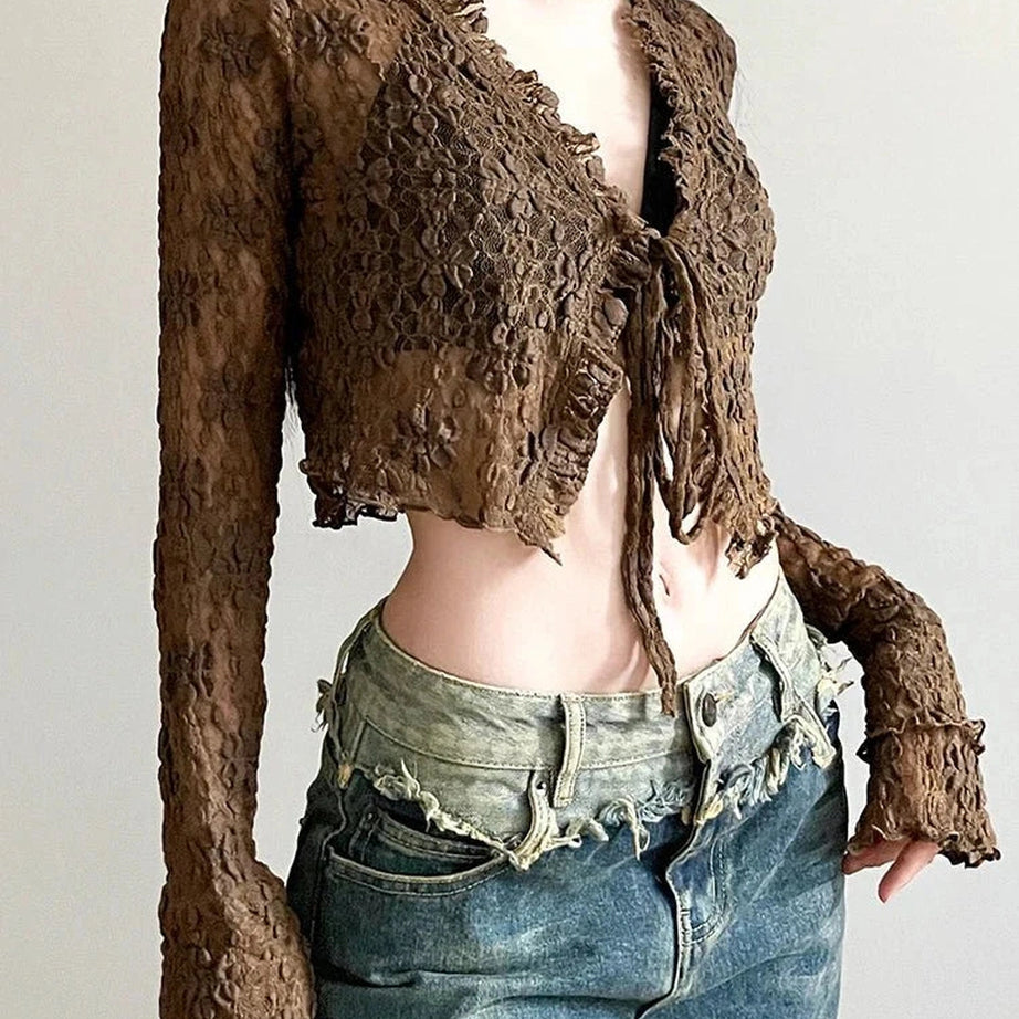 Y2k Brown Lace V-neck Shirt