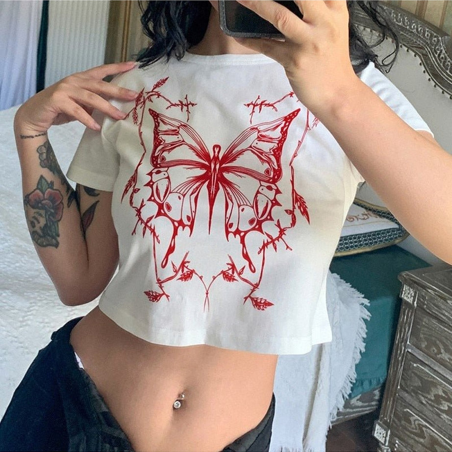 Y2k Butterfly Print Fitted Crop Top