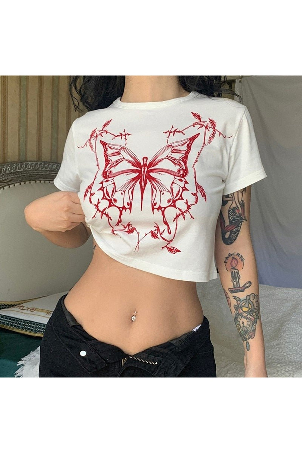 Y2k Butterfly Print Fitted Crop Top