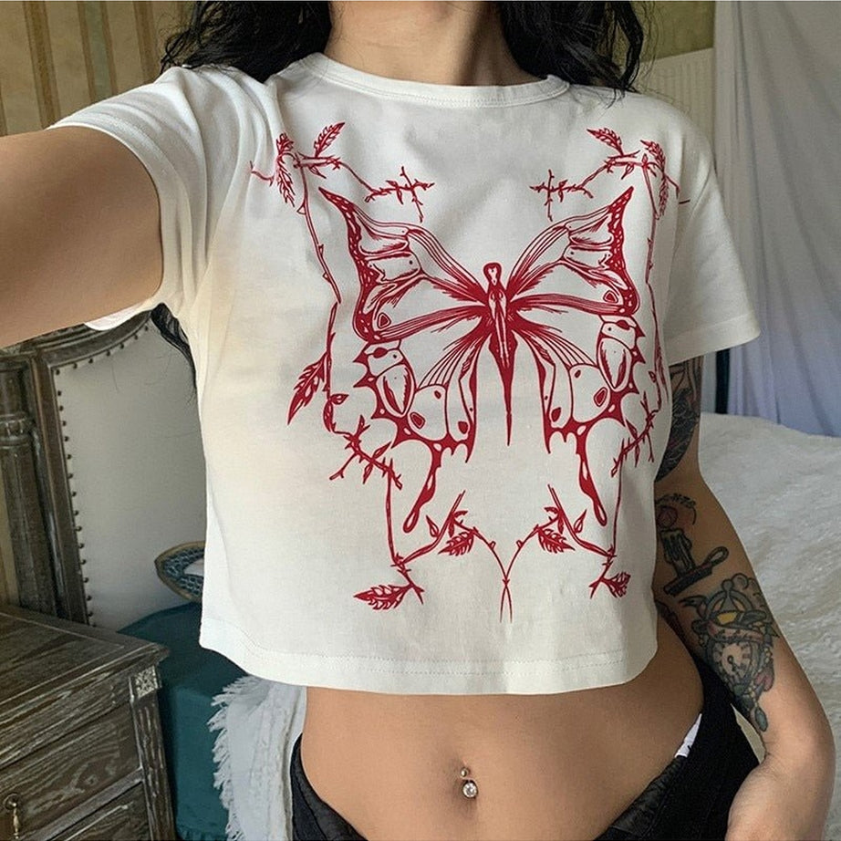 Y2k Butterfly Print Fitted Crop Top