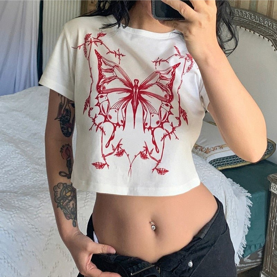 Y2k Butterfly Print Fitted Crop Top