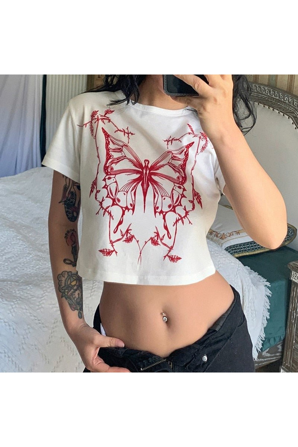 Y2k Butterfly Print Fitted Crop Top