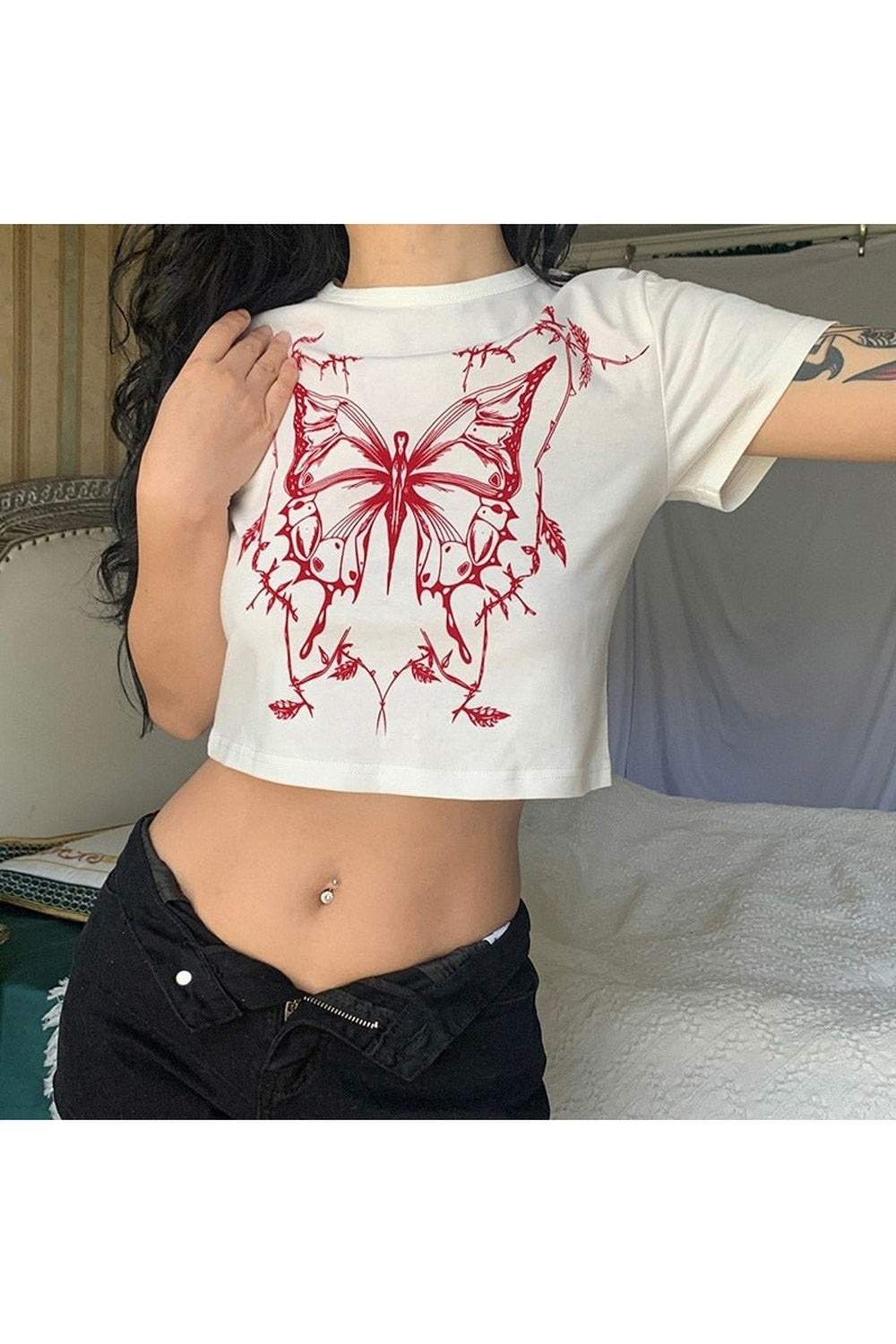 Y2k Butterfly Print Fitted Crop Top