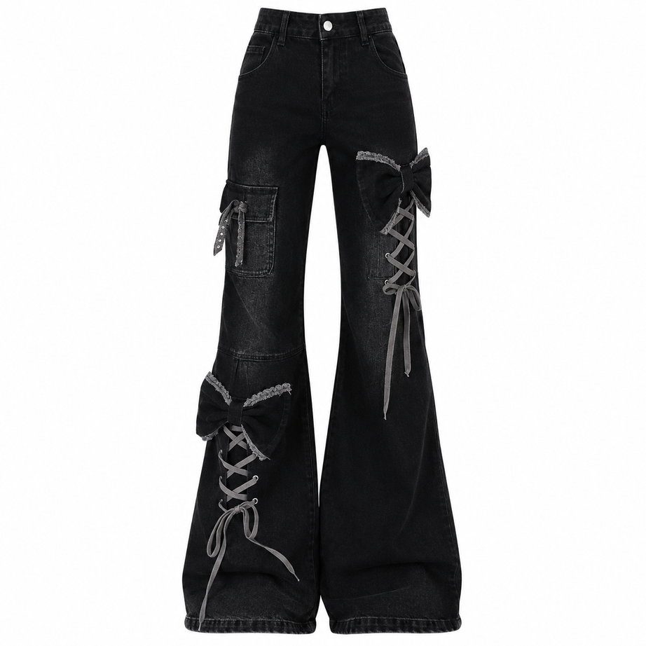 Goth Y2k Lace-Up Bow Flare Cargo Pants